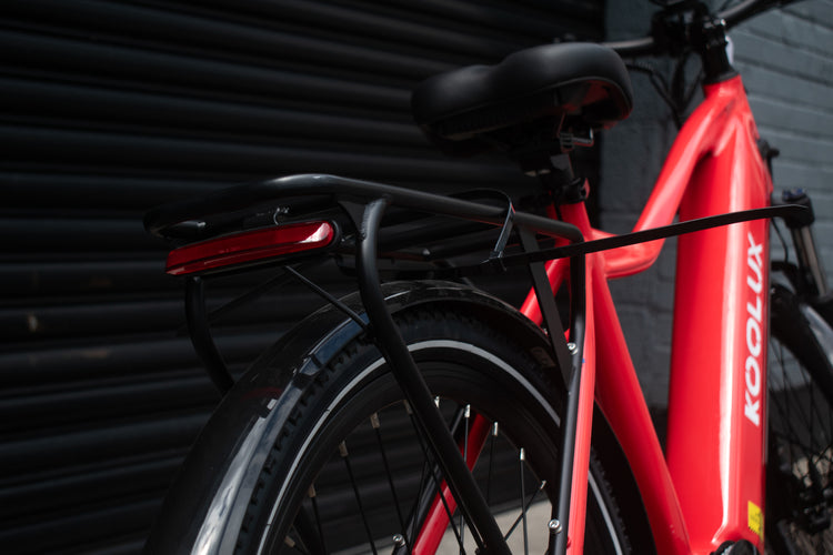 Electric bicycle with back rack and rear safety light – ideal for commuting